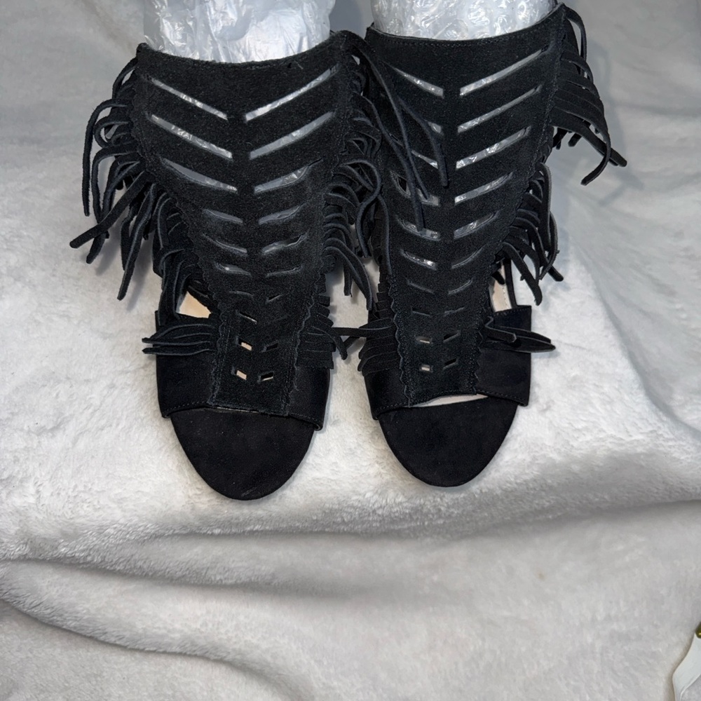 Bar III Black Fringe Heeled Sandals